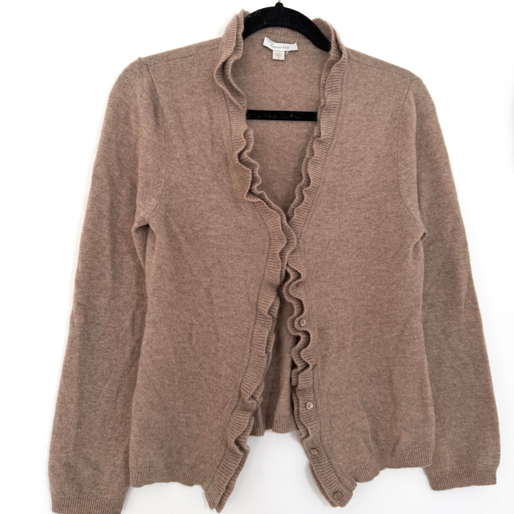 Garnet Hill Womens 100% Cashmere Ruffle Trim Cardigan Sweater Taupe Brown Small